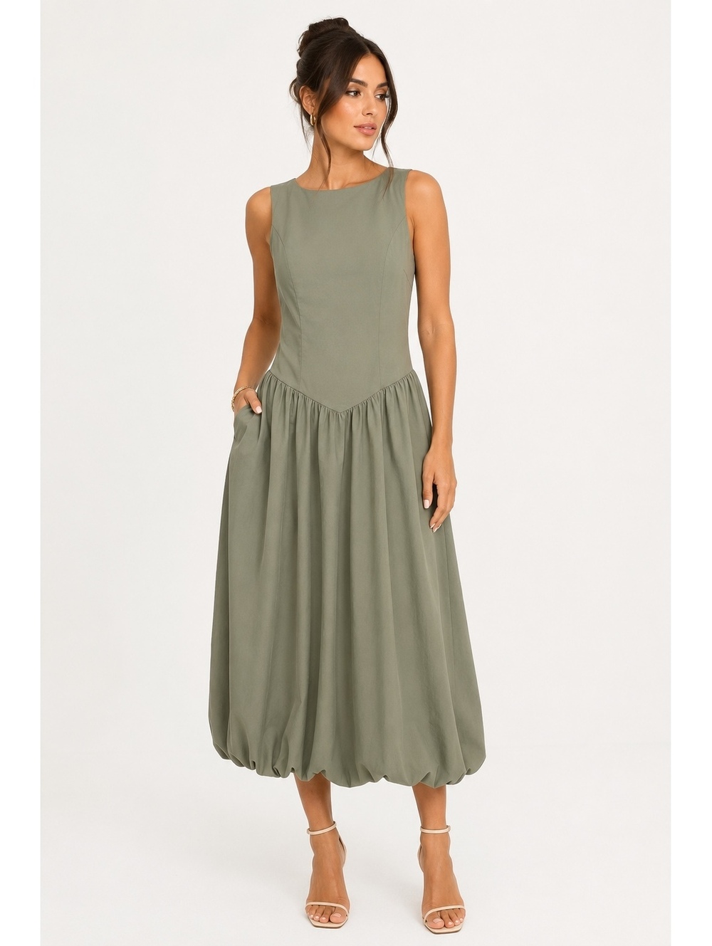 Camila Coelho Drop Waist Bubble Hem Open Back Midi/Maxi Dress in Sage Green M